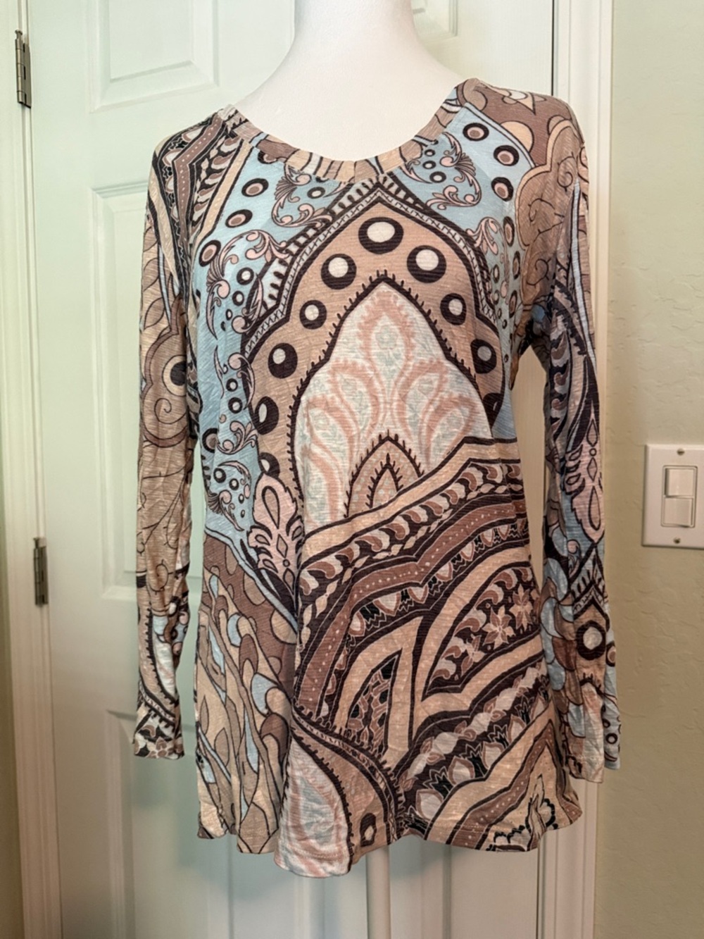 David Cline Paisley Print Long Sleeve Top in Blue and Brown